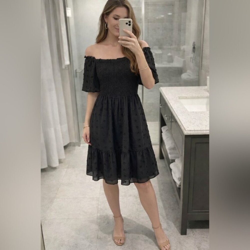 Exlura Black Smocked Swiss Dot Dress Off Shoulder Puff Sleeve Size Small